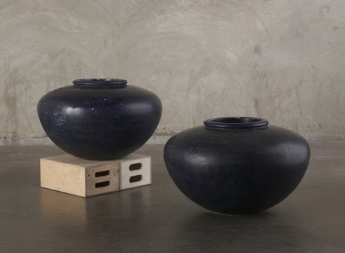 PAIR OF MONUMENTAL BLUE GLAZED GARDEN URNS, C1900
