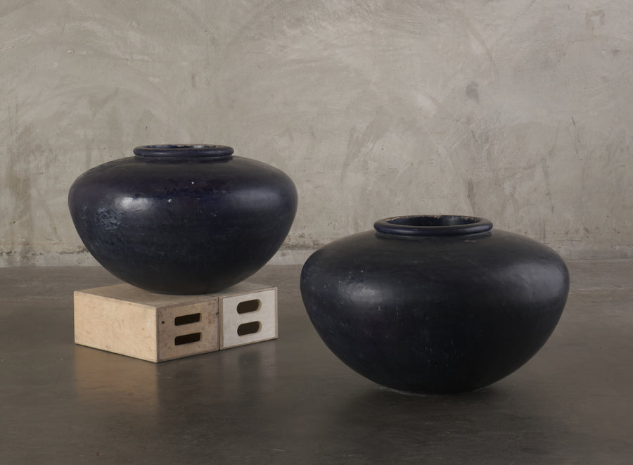 PAIR OF MONUMENTAL BLUE GLAZED GARDEN URNS, C1900