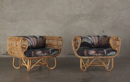 PAIR OF RATTAN LOUNGE CHAIRS WITH OUTDOOR FABRIC, 1950