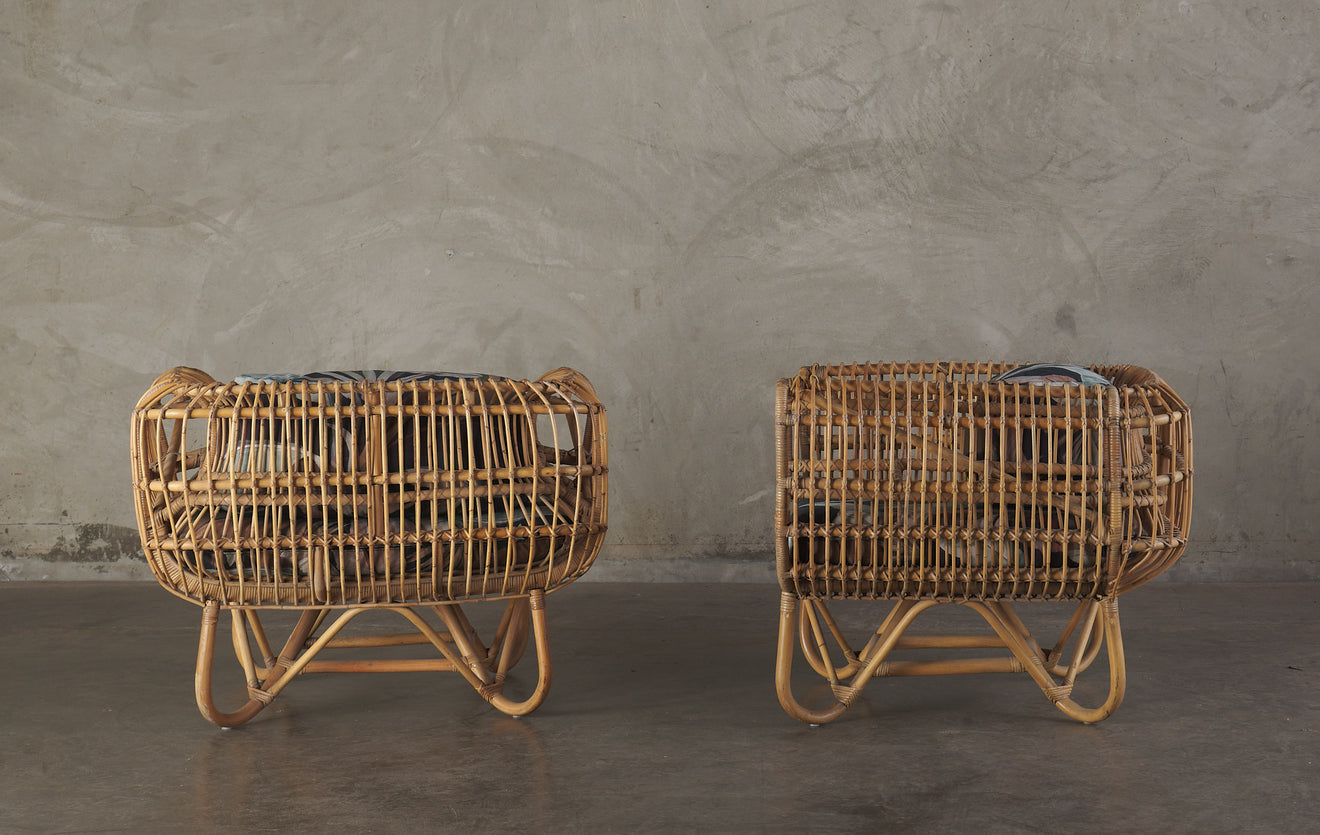 PAIR OF RATTAN LOUNGE CHAIRS WITH OUTDOOR FABRIC, 1950