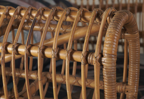 PAIR OF RATTAN LOUNGE CHAIRS WITH OUTDOOR FABRIC, 1950