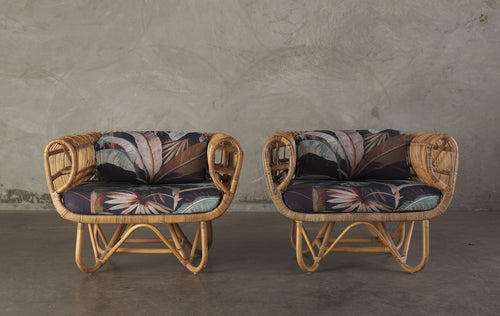 PAIR OF RATTAN LOUNGE CHAIRS WITH OUTDOOR FABRIC, 1950