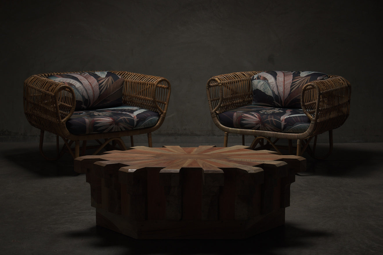 PAIR OF RATTAN LOUNGE CHAIRS WITH OUTDOOR FABRIC, 1950