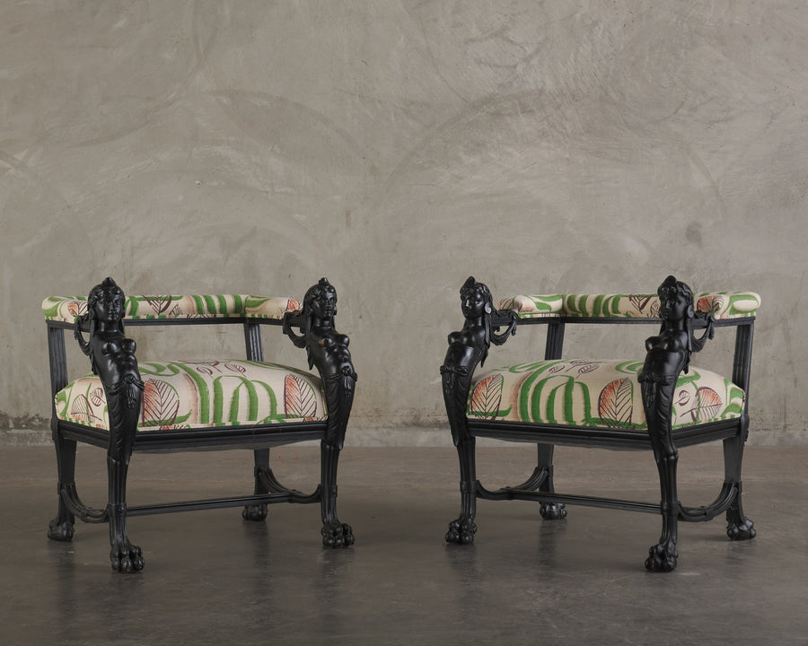 PAIR OF RENAISSANCE REVIVAL CARVED EBONIZED ARM CHAIRS C1880