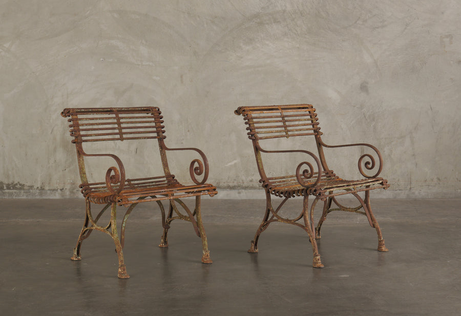PAIR OF SAINT SAUVEUR 'ARRAS' IRON ARM CHAIRS, FRANCE C1900