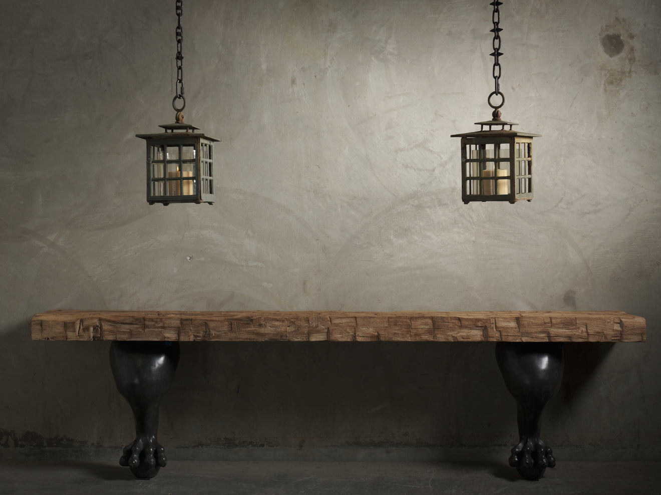 PAIR OF CAST IRON AND GLASS OUTDOOR LANTERNS, 1920'S