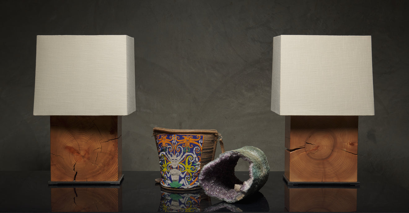 PAIR OF WOOD AND STEEL ARCHITECTURAL TABLE LAMPS