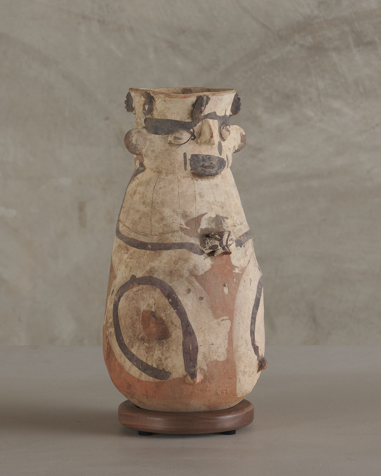 PRE COLUMBIAN CHANCAY POLYCHROME FIGURAL JAR, 800-1200 CE