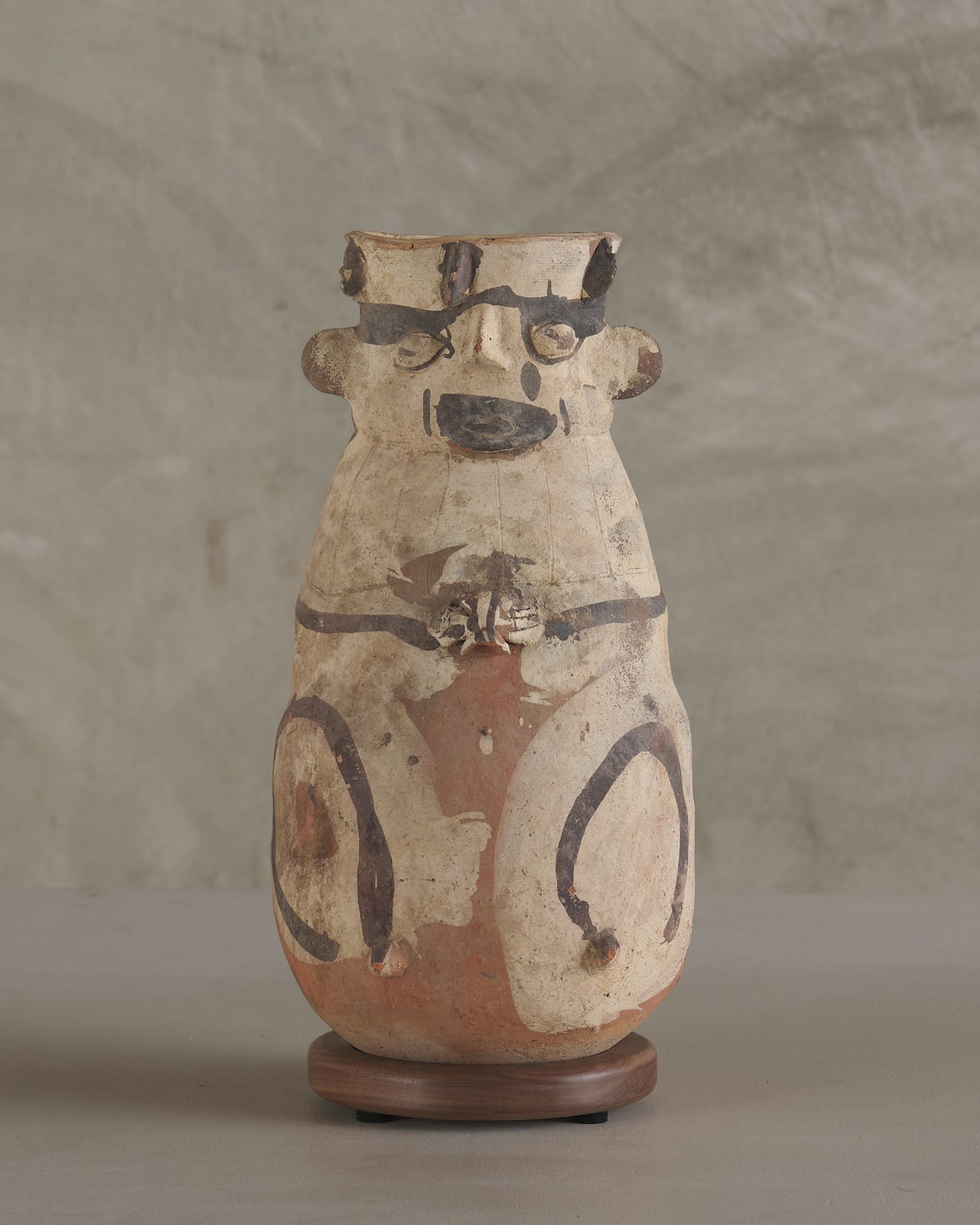 PRE COLUMBIAN CHANCAY POLYCHROME FIGURAL JAR, 800-1200 CE