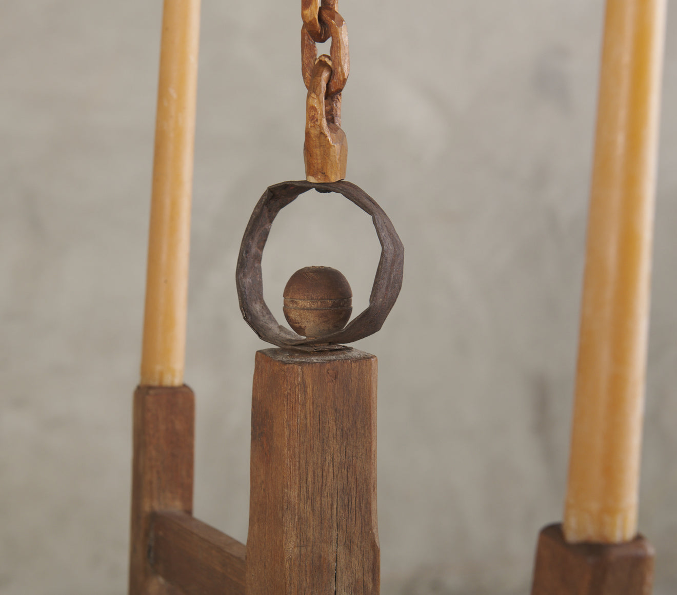 RUSTIC WOOD HANGING CANDELABRA WITH WOOD CARVED CHAIN, C1910