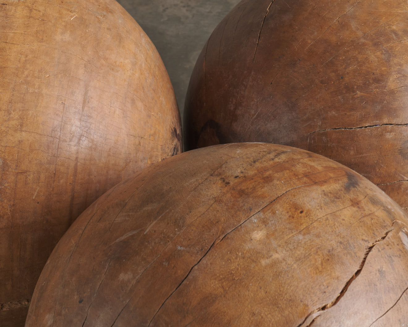 SET OF 3 SOLID WOOD SPHERES, 20TH C