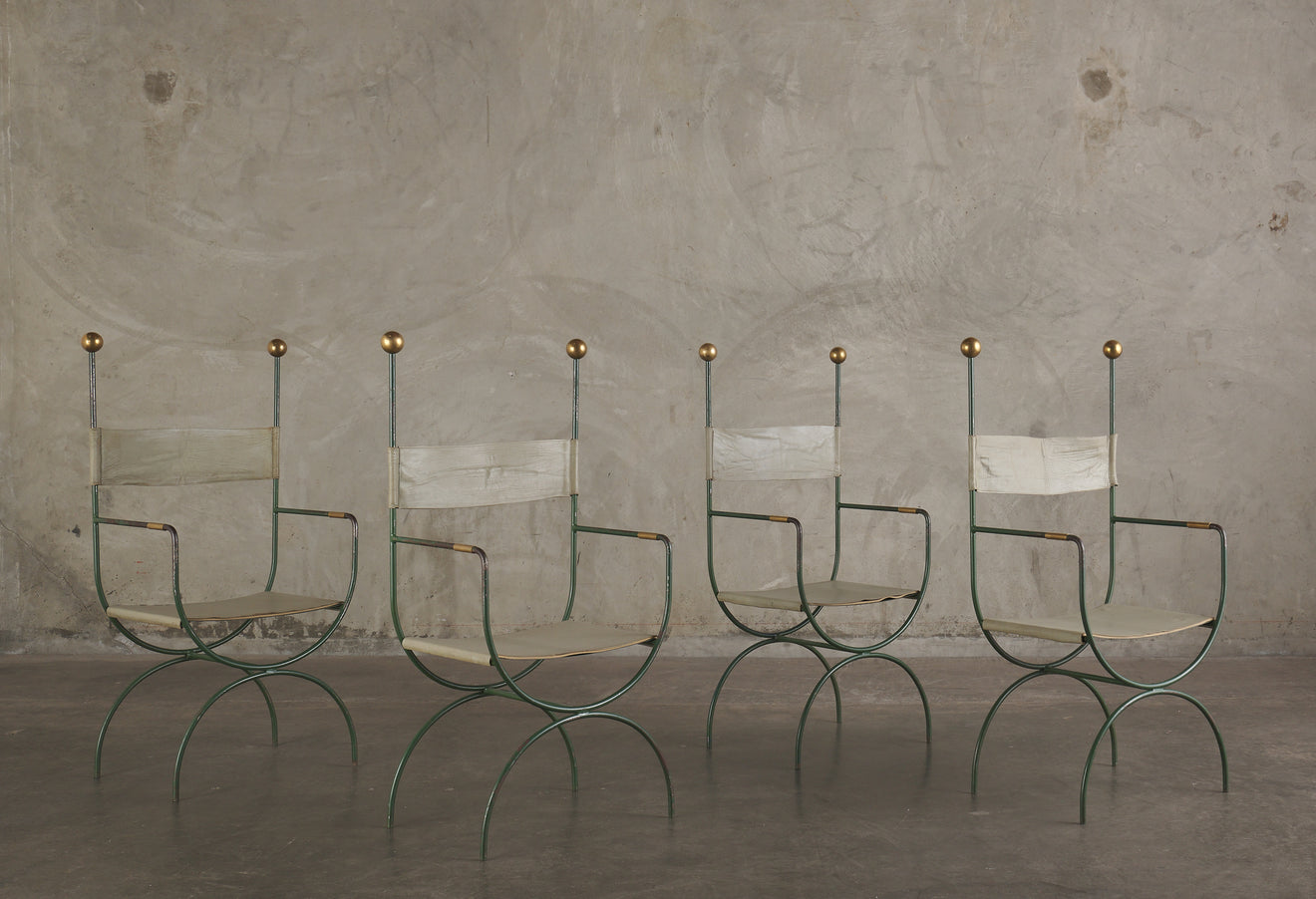 SET OF 4 FRENCH IRON & BRASS ARM CHAIRS, 1940