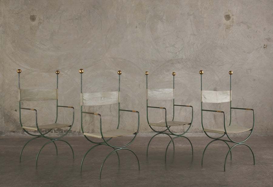 SET OF 4 FRENCH IRON & BRASS ARM CHAIRS, 1940