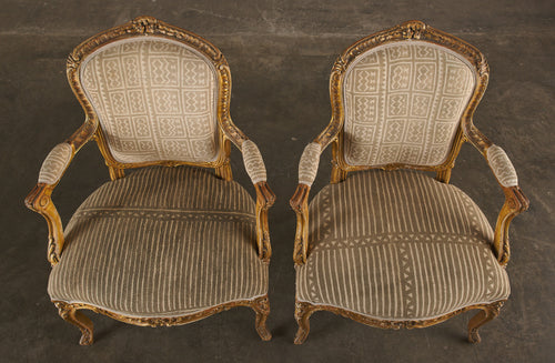 SET OF FOUR LOUIS XV CHAIRS WITH AFRICAN MUDCLOTH UPHOLSTERY