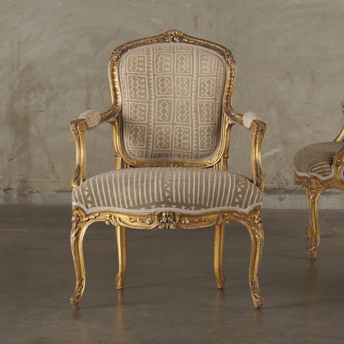 SET OF FOUR LOUIS XV CHAIRS WITH AFRICAN MUDCLOTH UPHOLSTERY