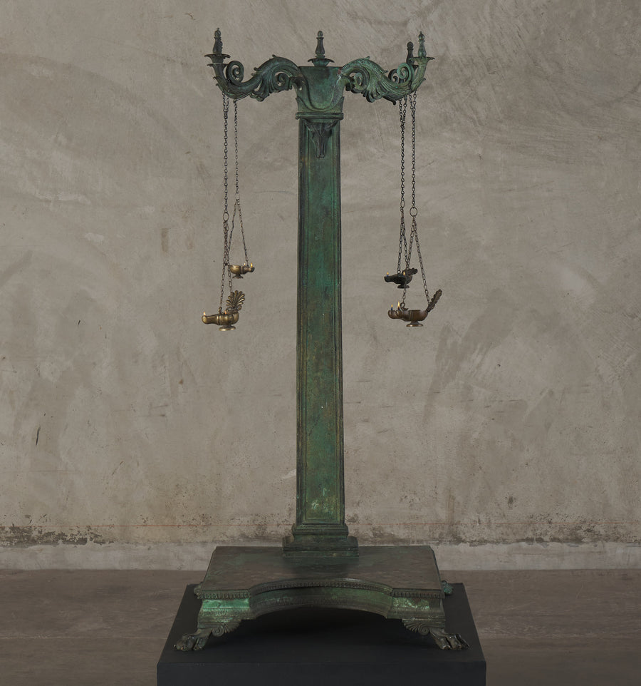 SPECTACULAR GRAND TOUR BRONZE & SILVER INLAID OIL LAMP STAND, NAPLES, 1902