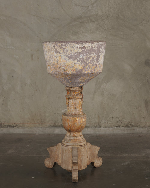 STONE BAPTISMAL FONT ON MESQUITE PEDESTAL