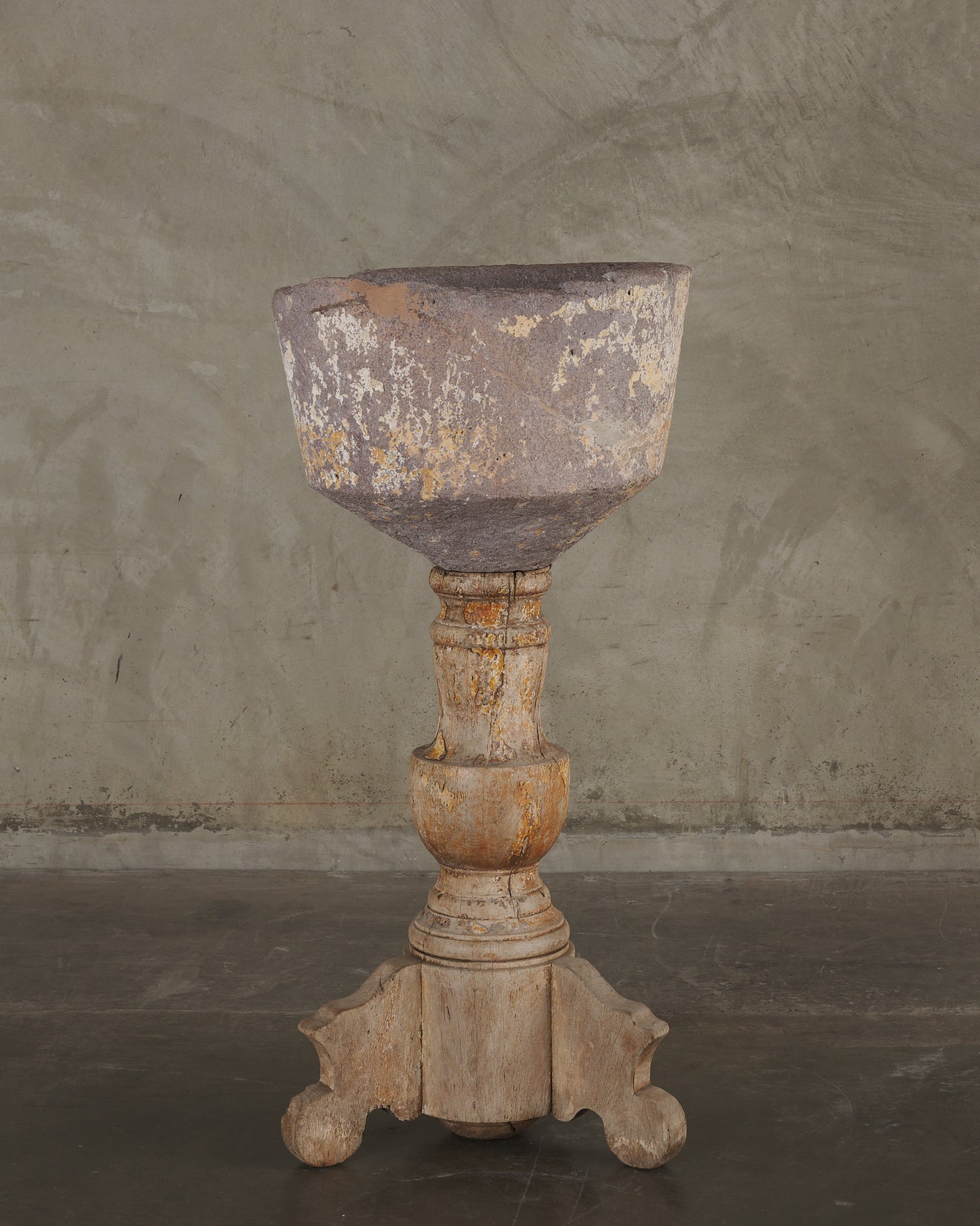 STONE BAPTISMAL FONT ON MESQUITE PEDESTAL