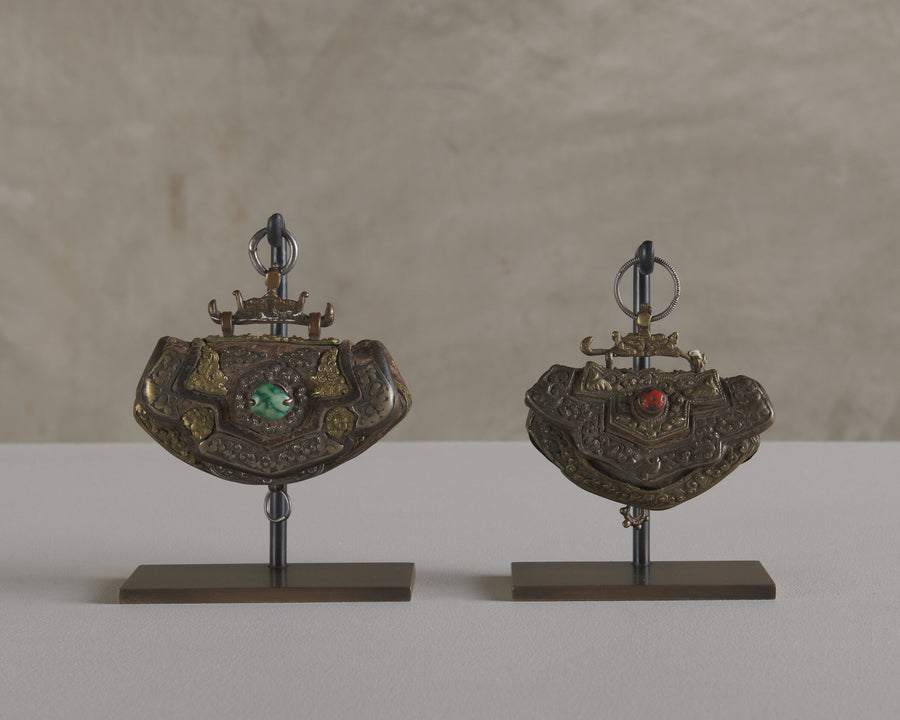 TINDER POUCH(es) WITH SILVER & BRASS FITTINGS, TIBET, 19TH C