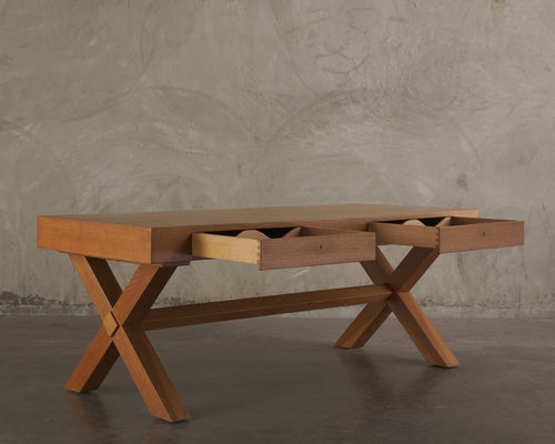 TWO DRAWER OAK DESK IN THE MANNER OF ROBSJOHN GIBBINGS