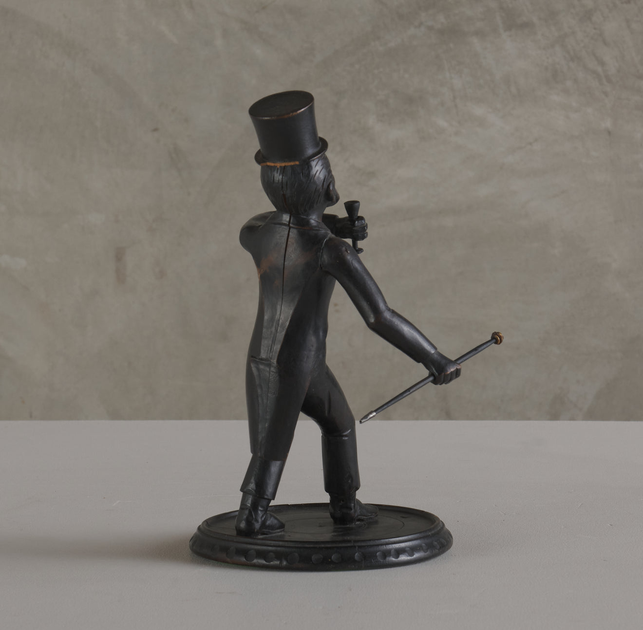 WHIMSICAL CARVED WOOD MONKEY FIGURE WITH TOP HAT AND CANE, C1910