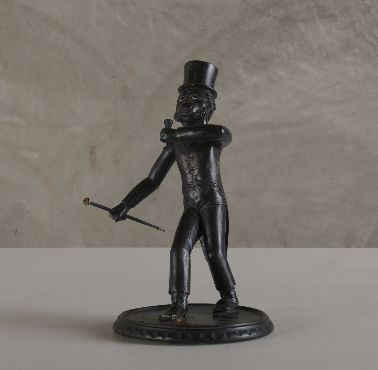 WHIMSICAL CARVED WOOD MONKEY FIGURE WITH TOP HAT AND CANE, C1910