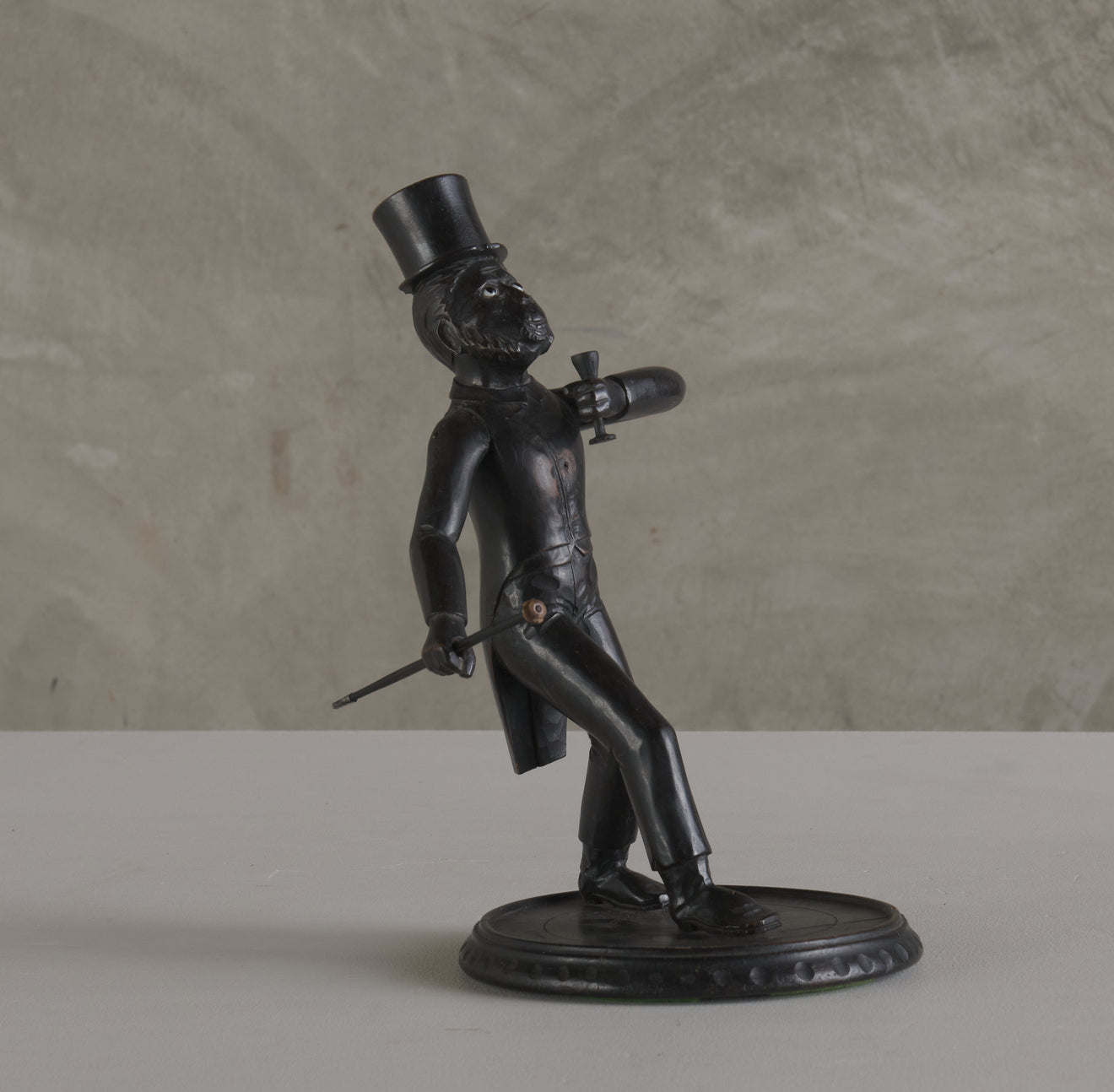 WHIMSICAL CARVED WOOD MONKEY FIGURE WITH TOP HAT AND CANE, C1910