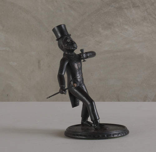 WHIMSICAL CARVED WOOD MONKEY FIGURE WITH TOP HAT AND CANE, C1910